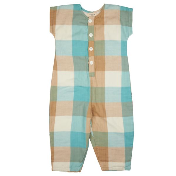 Pigeon Organics- Jumpsuit Muslin Turquoise/ Taupe- Baby at the bank