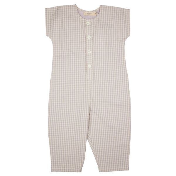 Pigeon Organics- Jumpsuit Seersucker Check Lilac- Baby at the bank