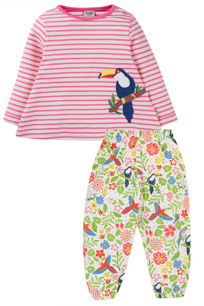 Frugi- Oakleigh Striped Outfit White Tropical Birds- Baby at the bank