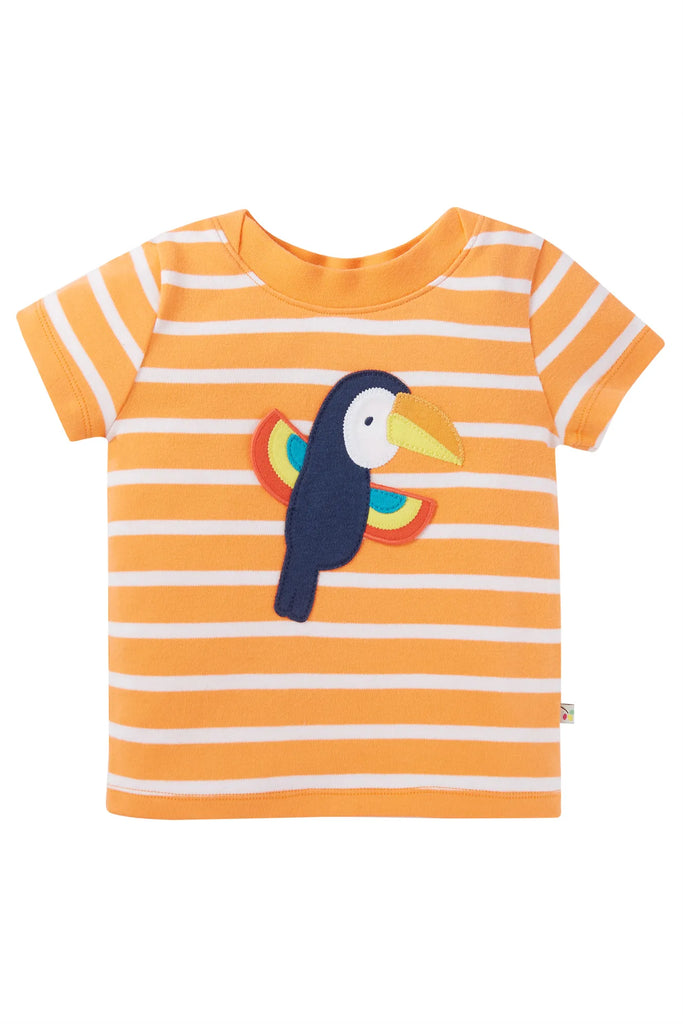 Frugi-Easy On Interactive T-shirt Tangerine Breton/Toucan- Baby at the bank
