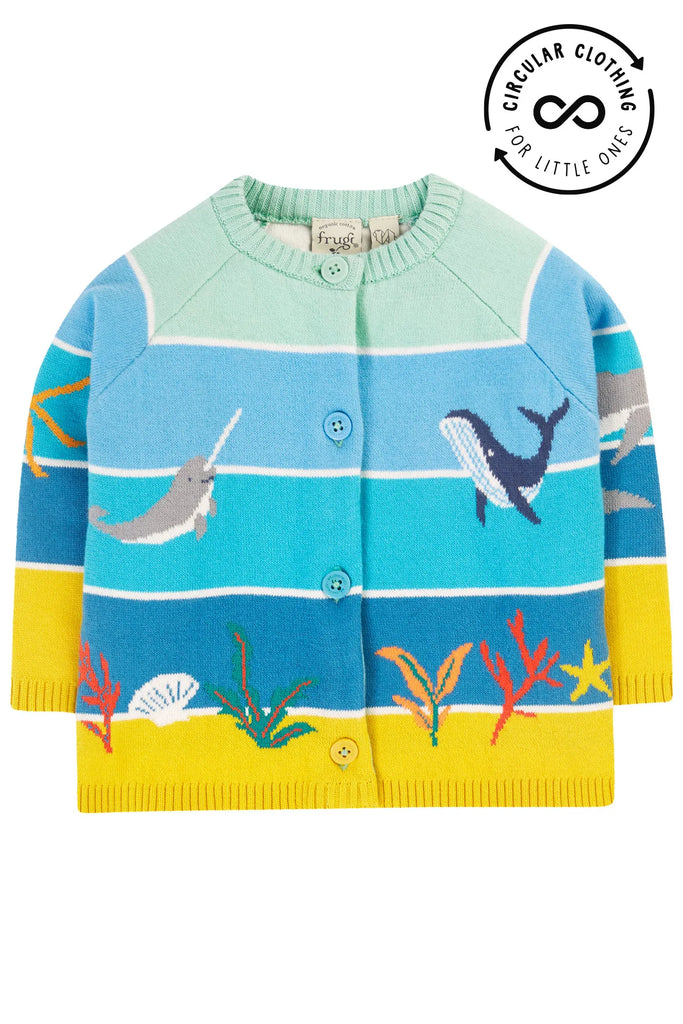 Frugi- Reva Knitted Cardigan Tropical Sea/Underwater- Baby at the bank