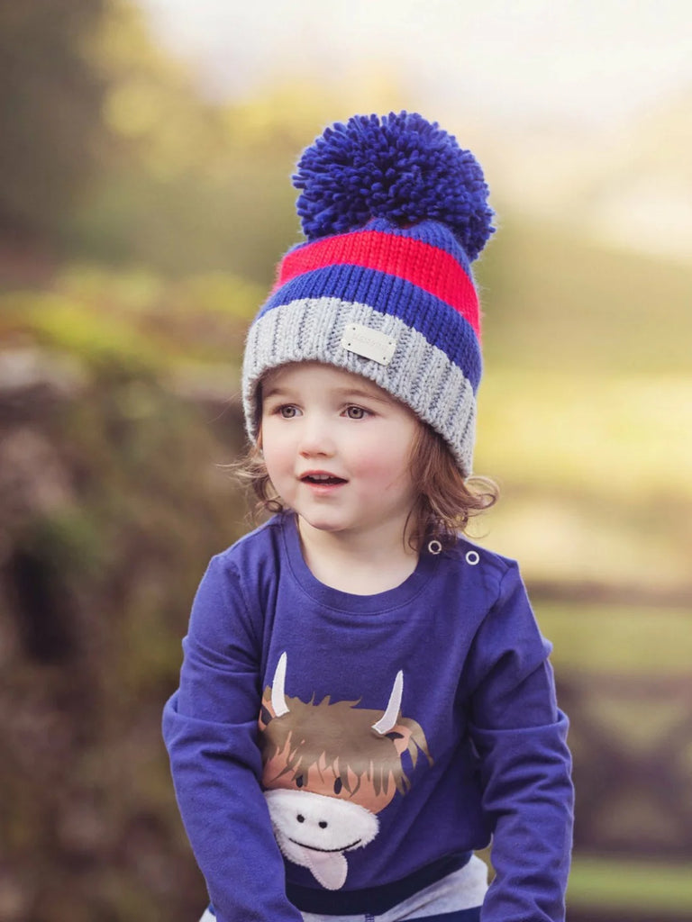 Blade and Rose- Red and Blue Striped Bobble Hat- Baby at the bank