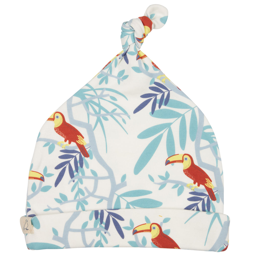 Pigeon Organics- Knotted Hat Toucans Orange- Baby at the bank