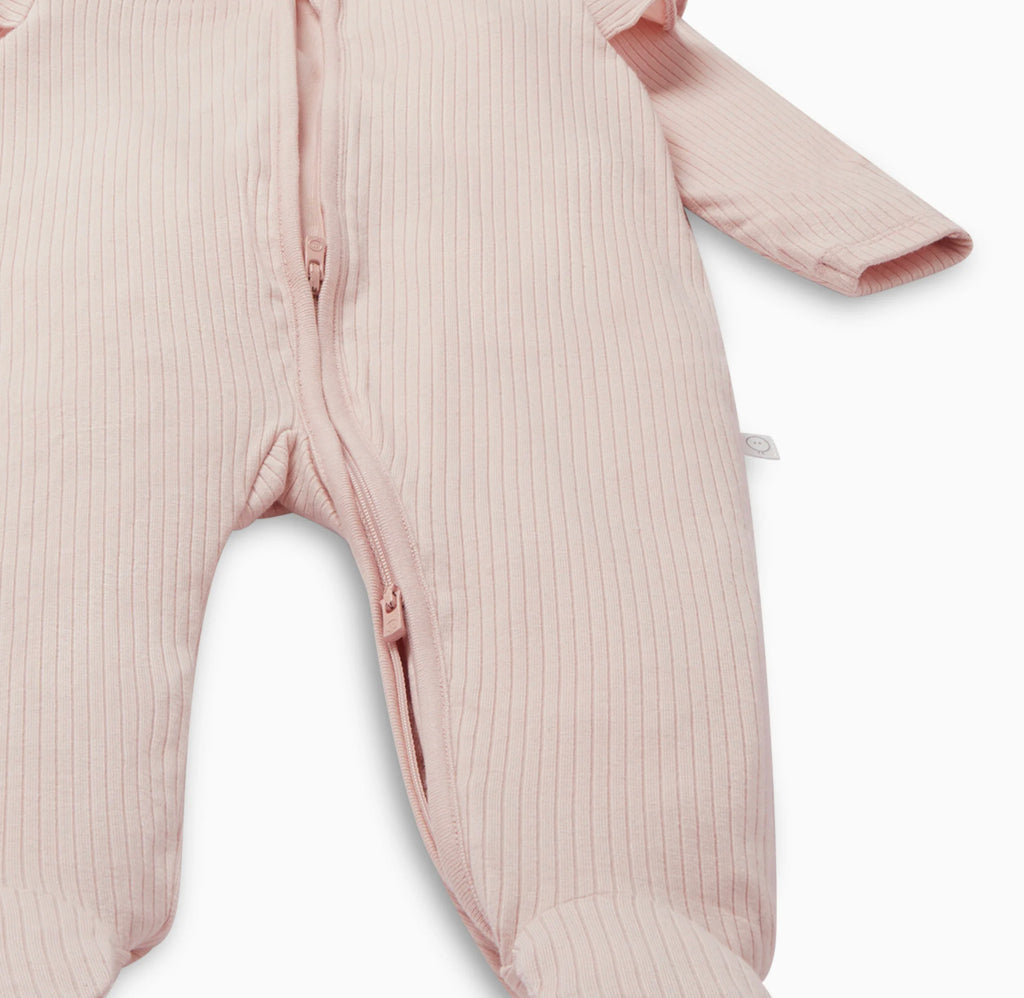 Mori- Ribbed Frill Zip Clever Pink Sleepsuit- Baby at the bank