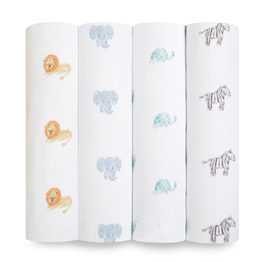 Aden and Anais- Animal Kingdom Organic Cotton Swaddles 4 Pack- baby at the bank