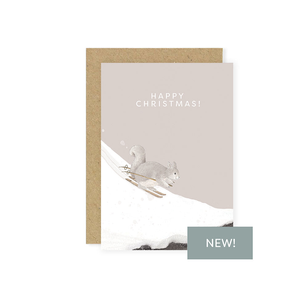 Little Roglets- Skiing Squirrel Christmas Card- Baby at the bank