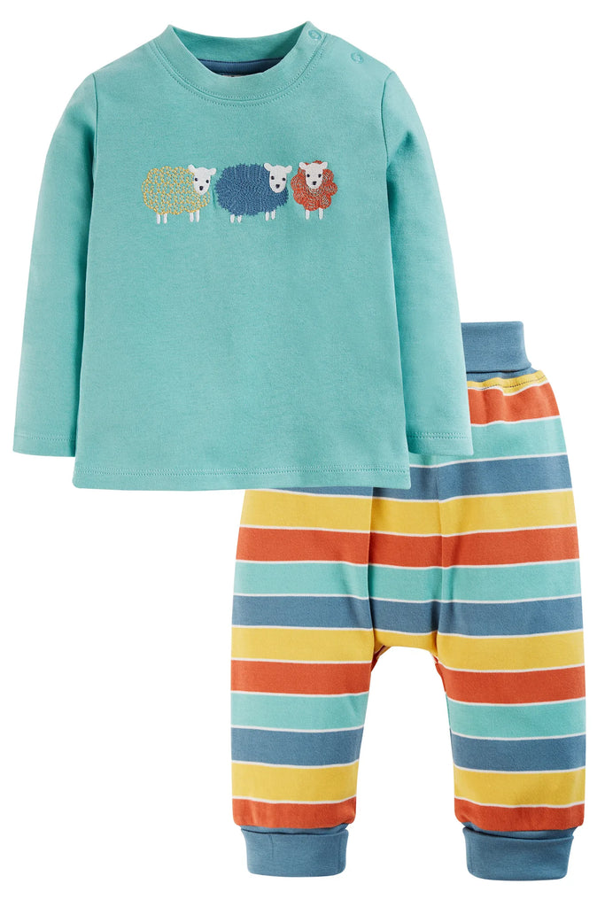 Frugi- Little Parsnip Outfit, Moss Rainbow/Stripe Sheep- Baby at the bank