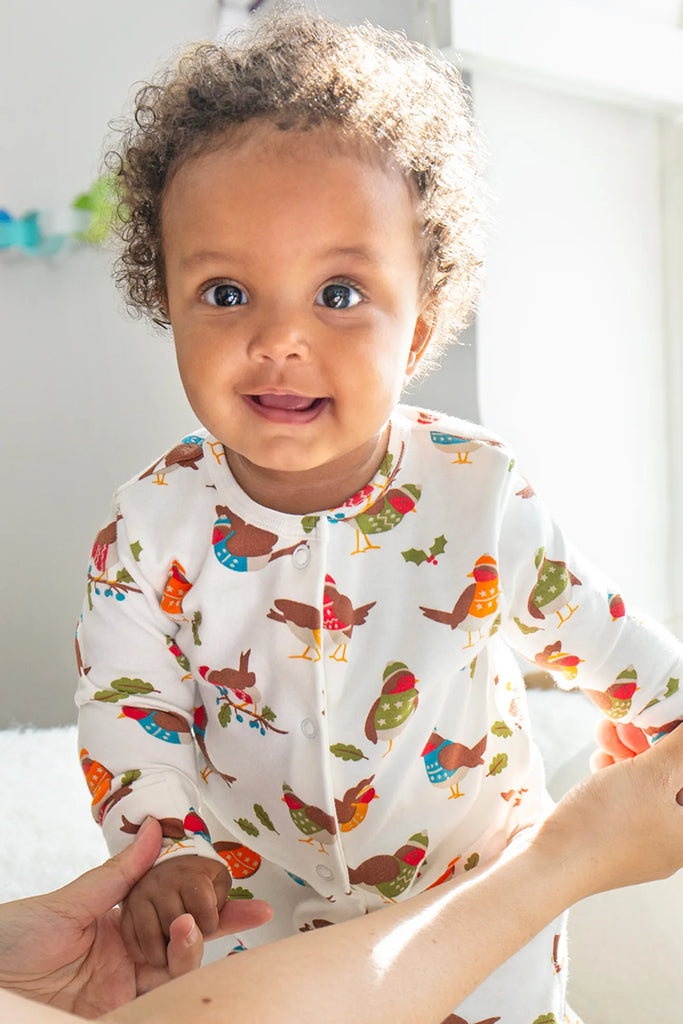 Frugi- Switch Lovely Babygrow Soft White Robins- Baby at the bank
