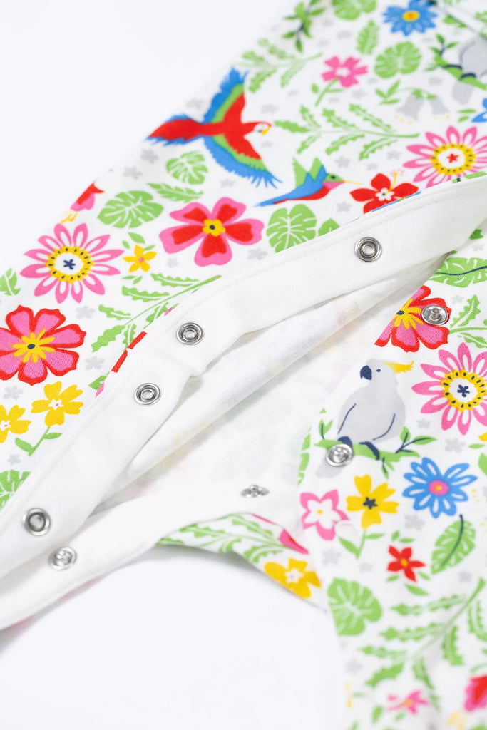 Frugi- Lovely Babygrow White Tropical Birds- Baby at the bank