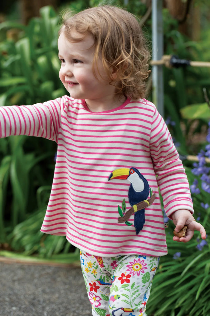 Frugi- Oakleigh Striped Outfit White Tropical Birds- Baby at the bank
