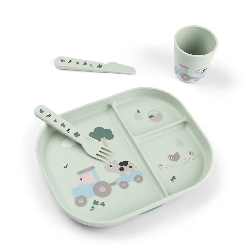 Done By Deer- Foodie Dinner Set w/suction Tiny Farm Green- baby at the bank