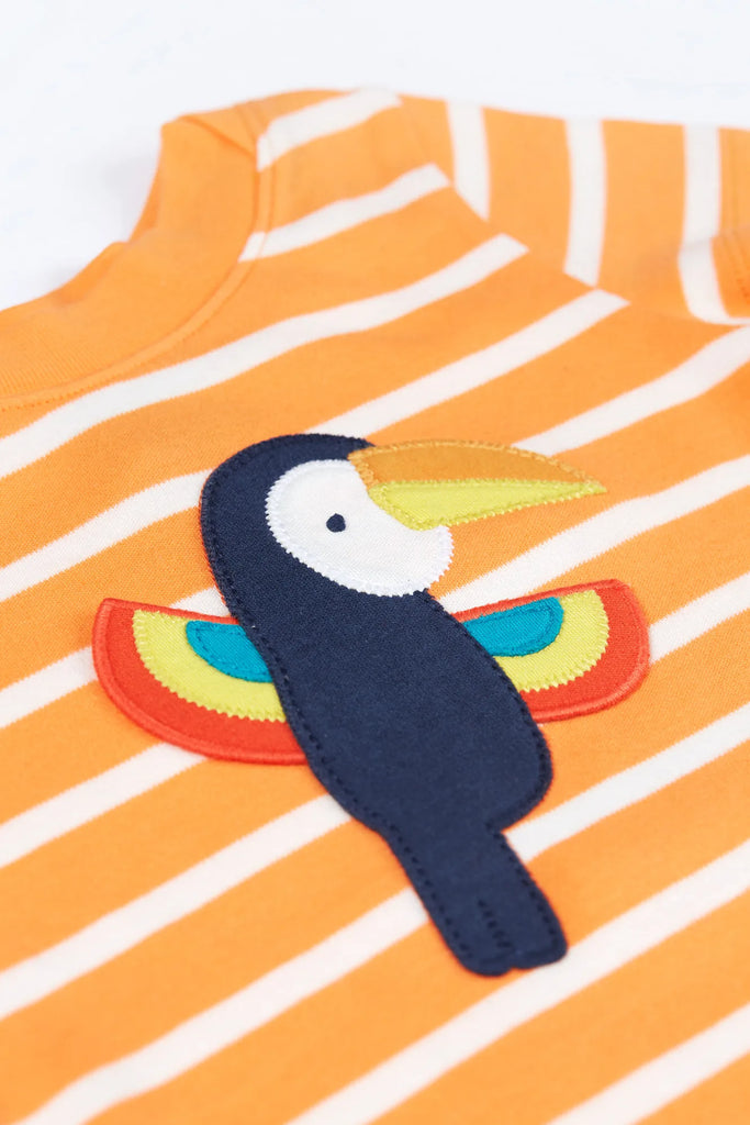 Frugi-Easy On Interactive T-shirt Tangerine Breton/Toucan- Baby at the bank