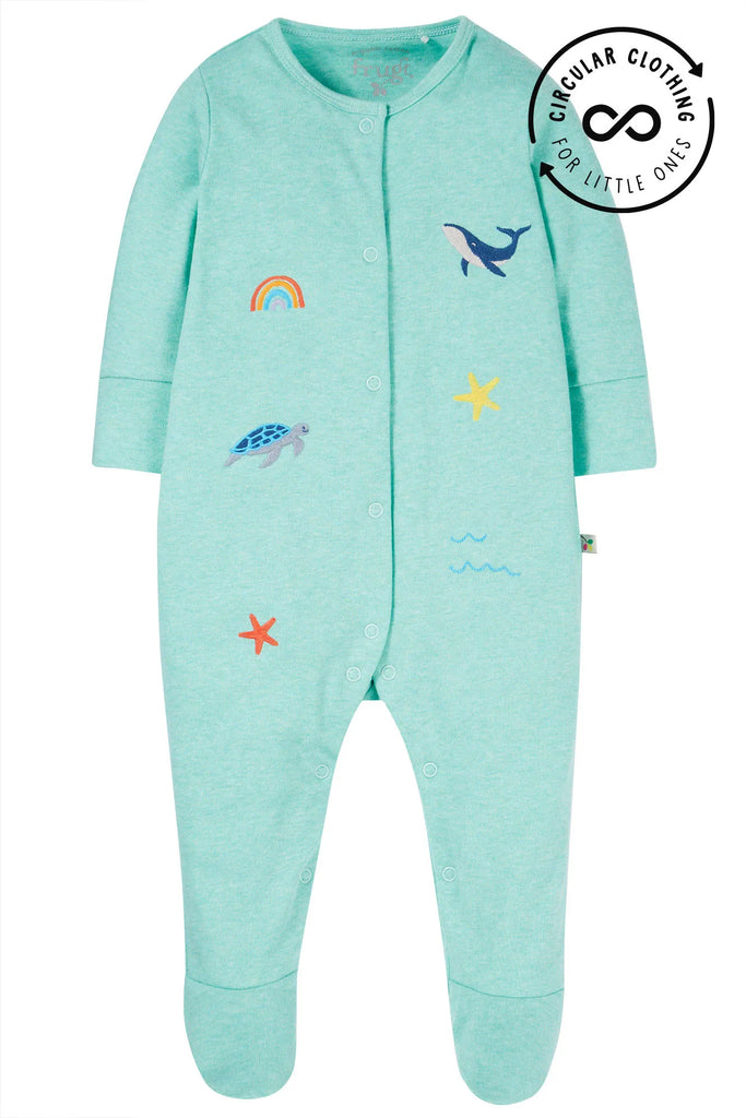 Frugi- Lovely Embroidered Babygrow Mint Marl Rainbow Sea- Baby at the bank