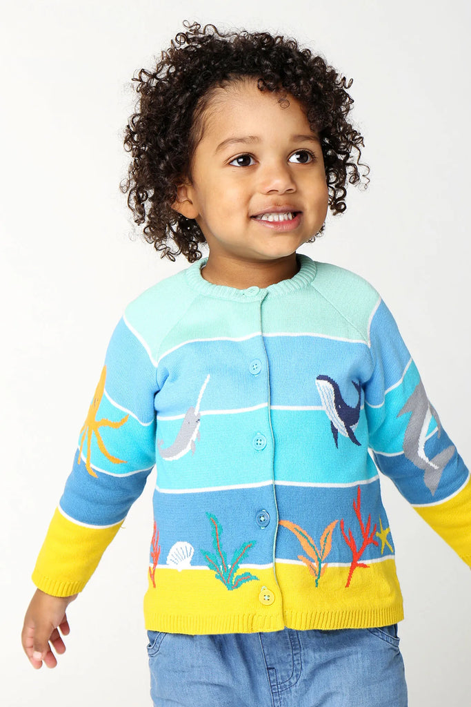 Frugi- Reva Knitted Cardigan Tropical Sea/Underwater- Baby at the bank