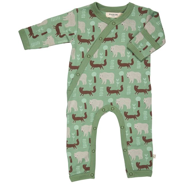 Pigeon Organics- Kimono Romper Bear & Fox Green- Baby at the bank