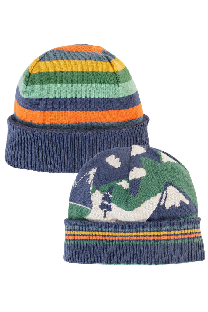 Frugi- Voyager Reversible Hat Navy Blue/Mountains- Baby at the bank