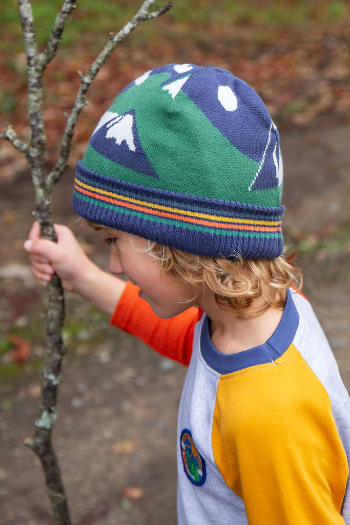 Frugi- Voyager Reversible Hat Navy Blue/Mountains- Baby at the bank