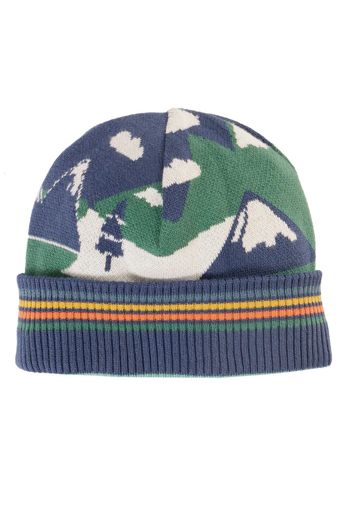 Frugi- Voyager Reversible Hat Navy Blue/Mountains- Baby at the bank