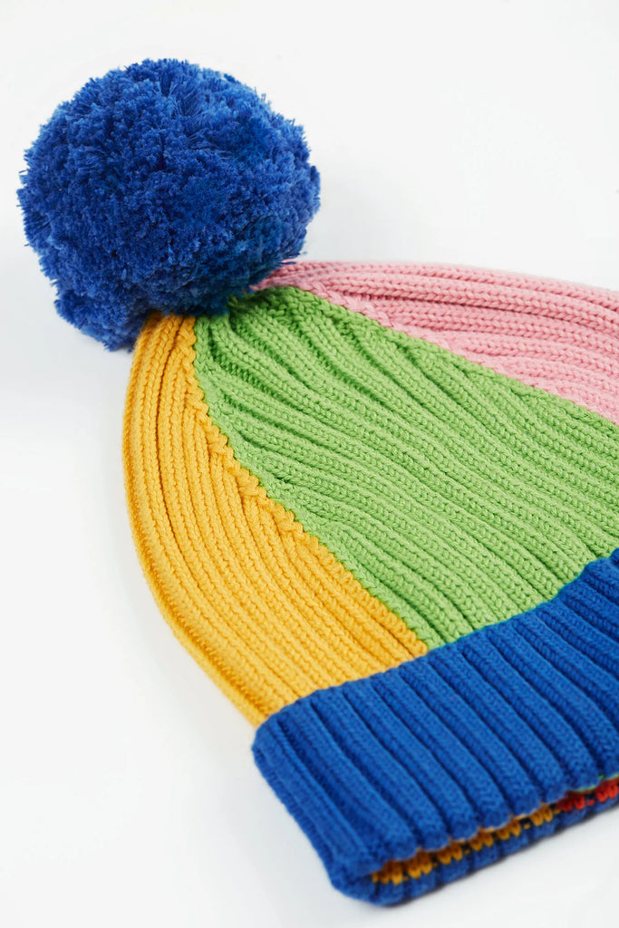 Frugi- Rainbow Rib Bobble Hat Blue Tang/Rainbow- Baby at the bank