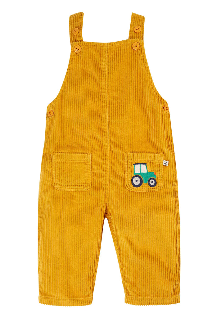 Frugi- Adley Cord Dungarees Gold/Tractor- Baby at the bank