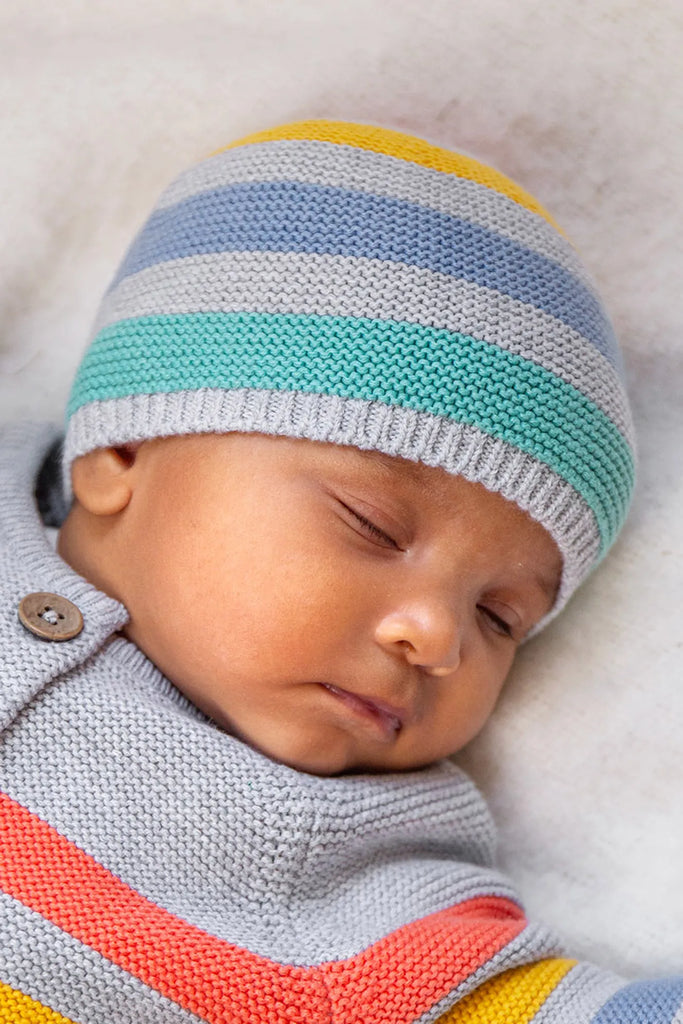 Frugi- Harlen Knitted Hat Grey Marl Stripe- baby at the bank