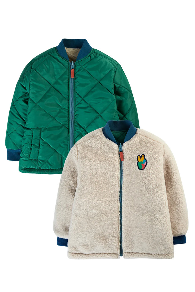 Frugi- Robin Reversible Jacket Teal/Moon- Baby at the bank