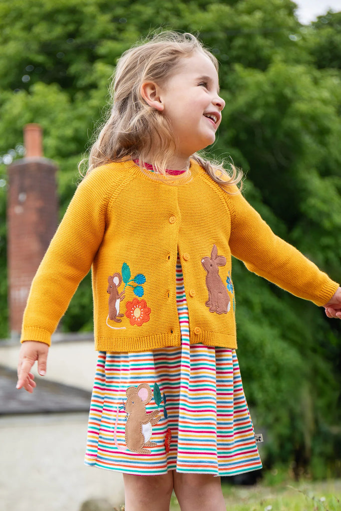 Frugi- Colby Cardigan Gold Autumn Friends- Baby at the bank