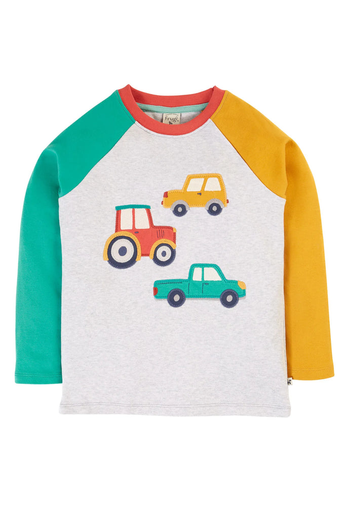 Frugi- Alfie Raglan Top Grey Marl Vehicles- Baby at the bank