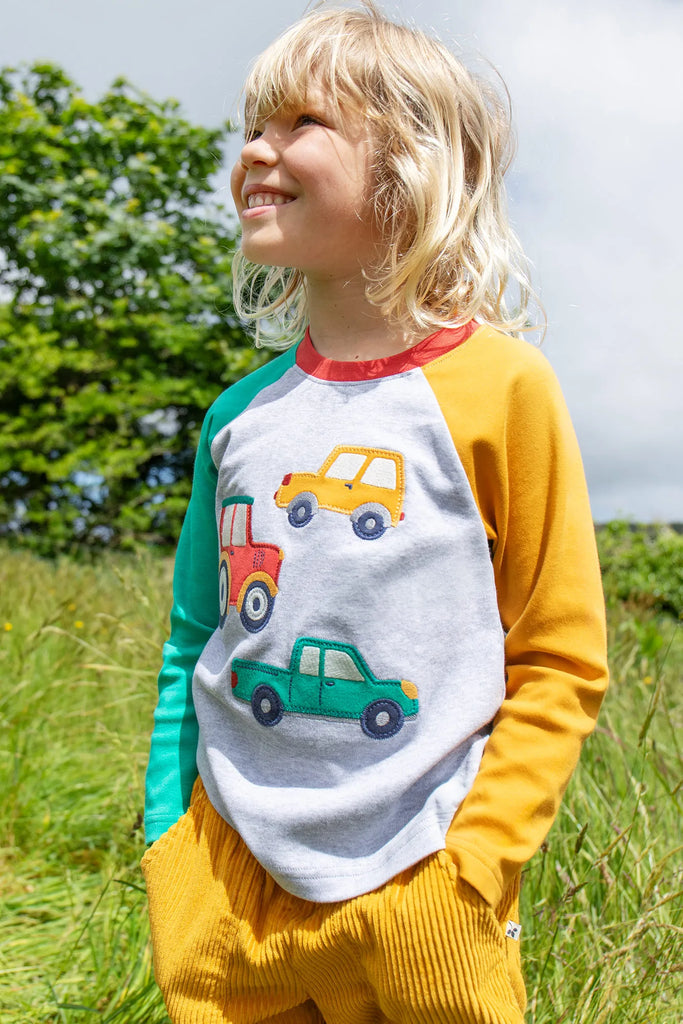 Frugi- Alfie Raglan Top Grey Marl Vehicles- Baby at the bank