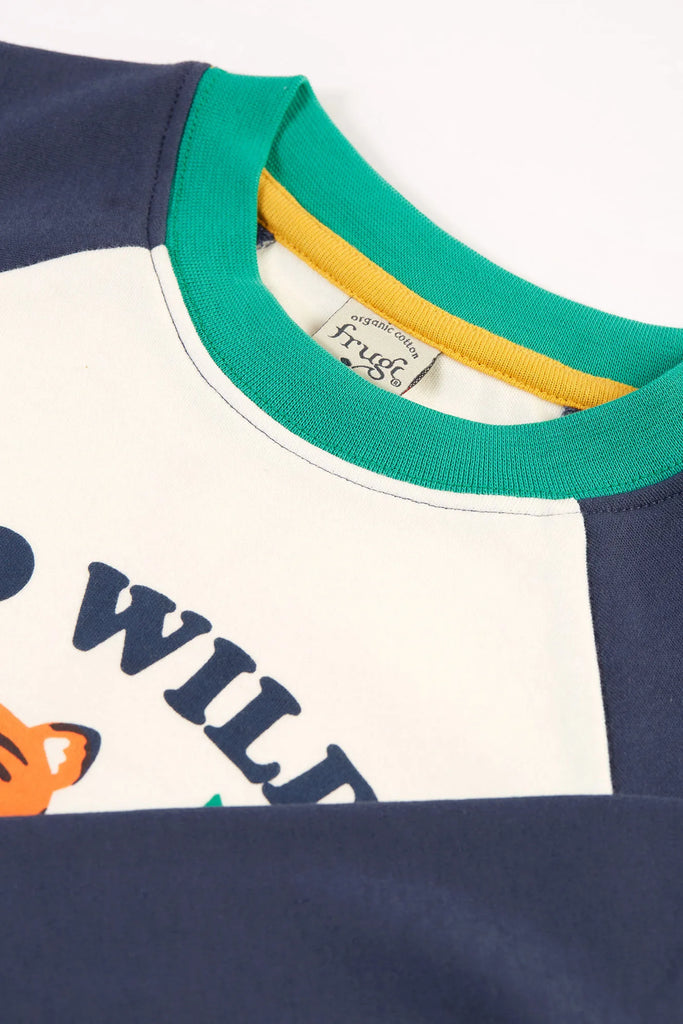 Frugi- Tamar Raglan Top Navy Blue/Go Wild- Baby at the bank