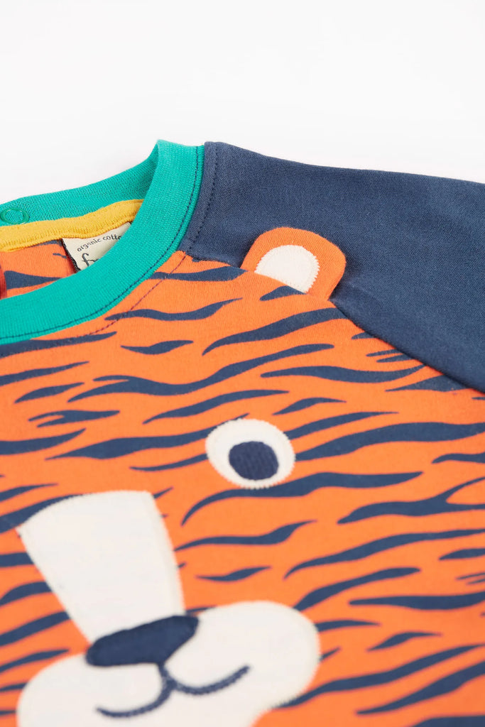 Frugi- Happy Raglan Top Tiger face- Baby at the bank