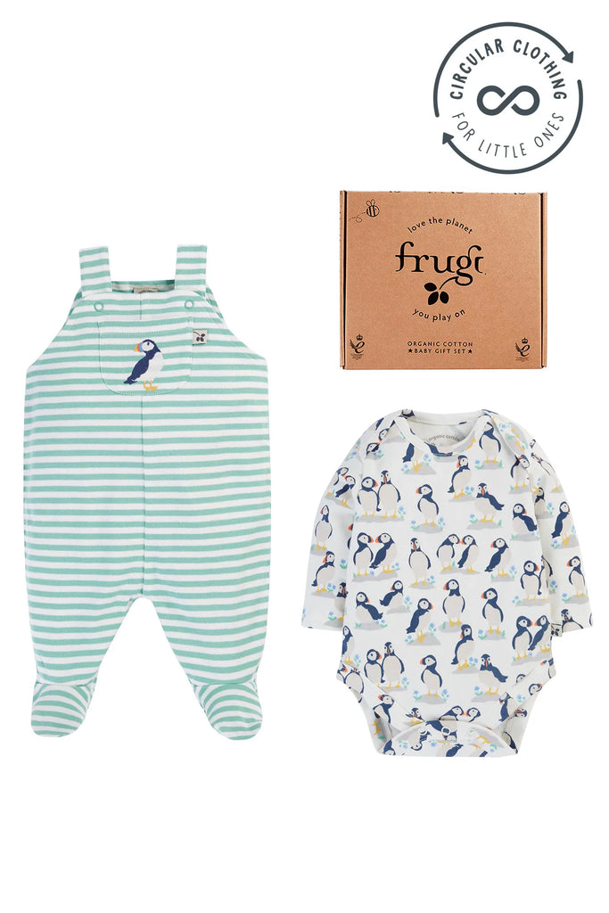 Frugi- Footed Dungaree Gift Set Puffin Pals- Baby at the bank