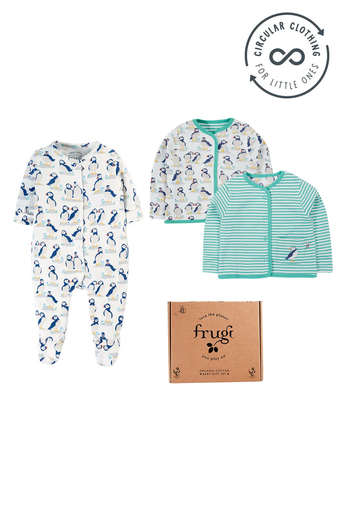 Frugi- Adorable Baby Grow Gift Set Puffin Pals- Baby at the bank