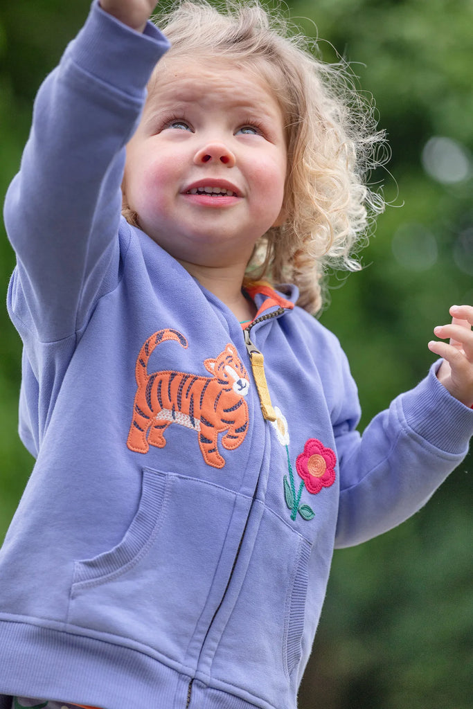 Frugi- Cabris Hoodie Grape/Tiger- Baby at the bank