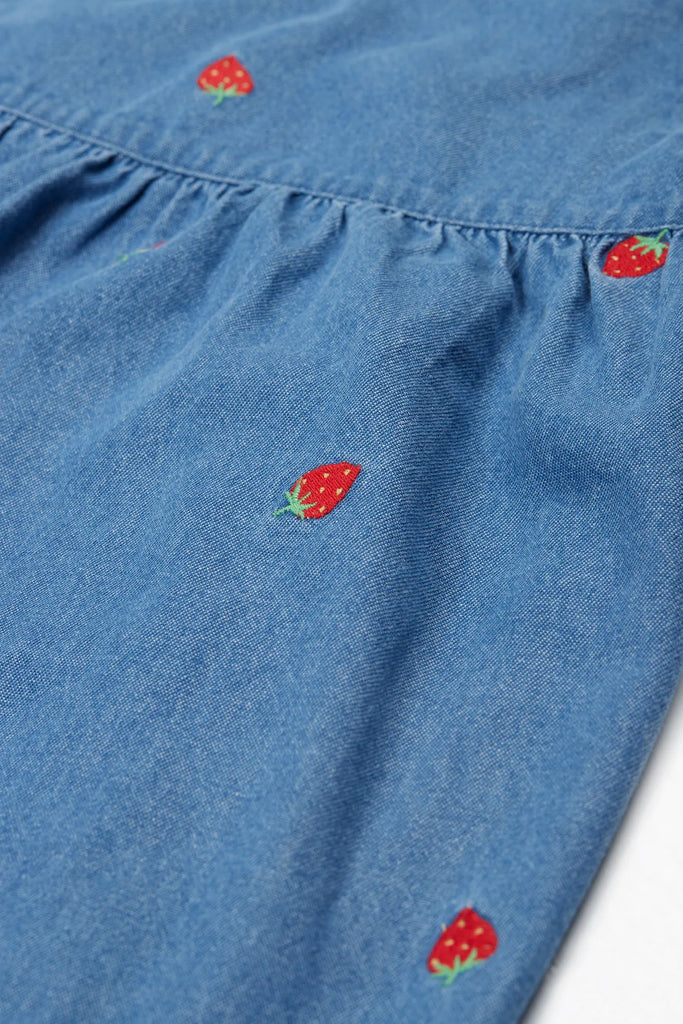 Frugi- Willa Dress Denim/Strawberry- Baby at the bank