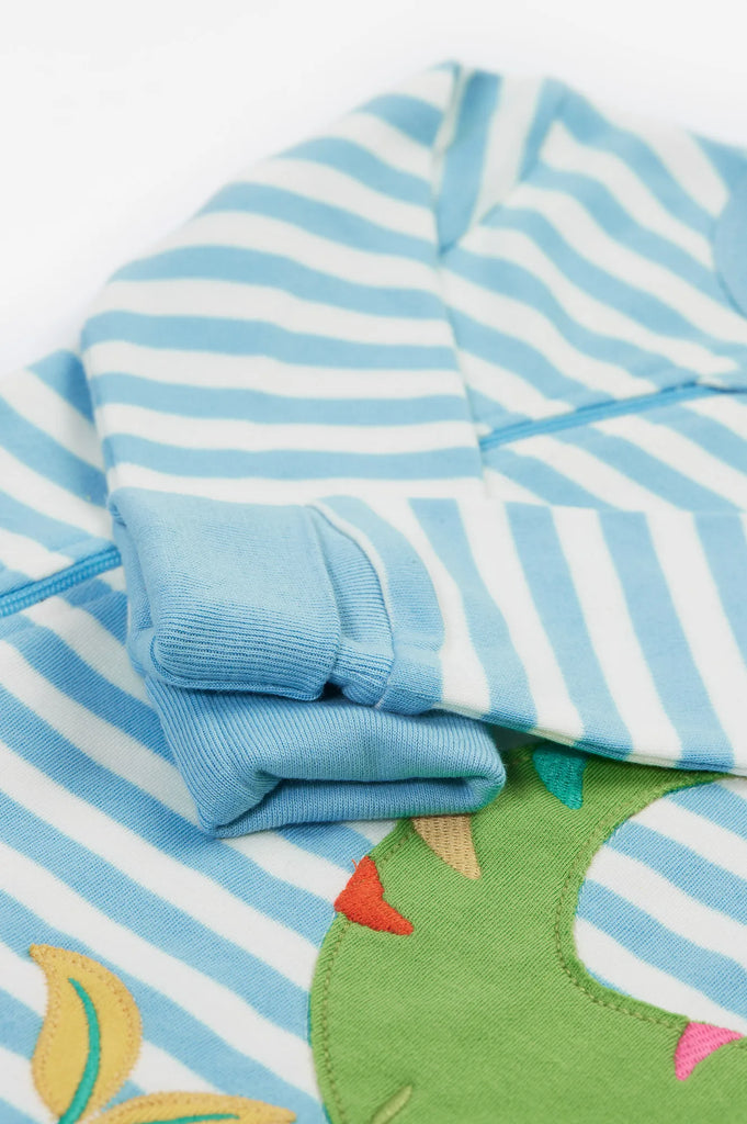 Frugi- Zelah Kimono Zip Romper Bluebird Stripe/Dinosaur- Baby at the bank