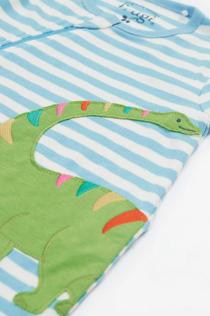 Frugi- Zelah Kimono Zip Romper Bluebird Stripe/Dinosaur- Baby at the bank