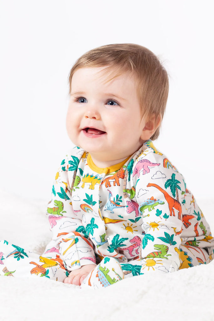 Frugi- Lovely babygrow Dinoland- Baby at the bank