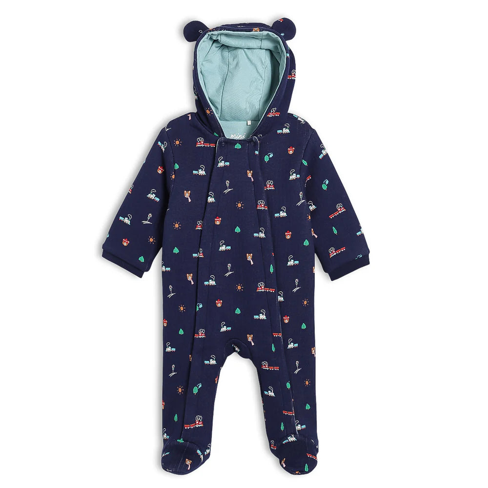 Minicuddles- Baby Boys Novelty Printed Hooded Pram Suit, Navy Blue- Baby at the bank