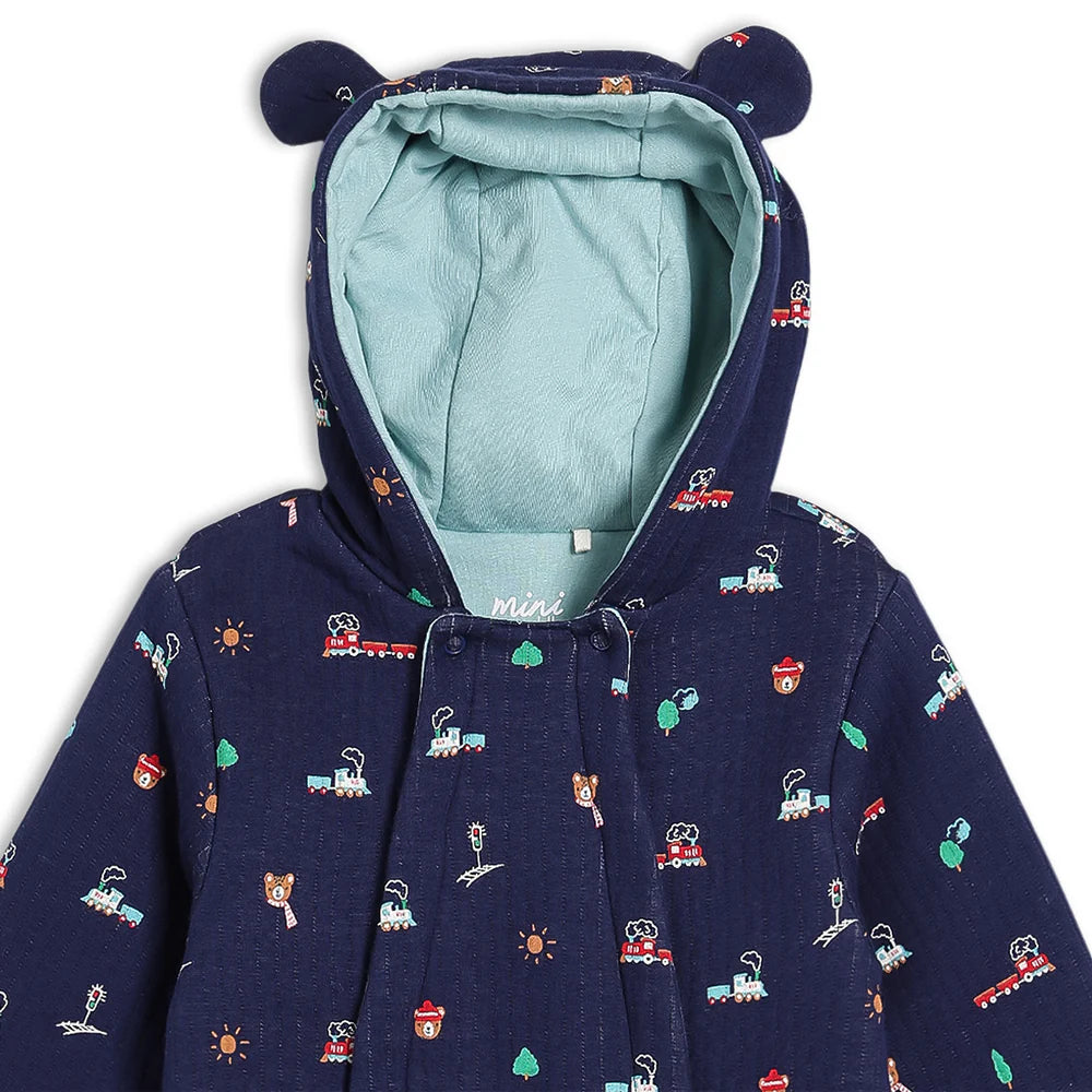 Minicuddles- Baby Boys Novelty Printed Hooded Pram Suit, Navy Blue- Baby at the bank