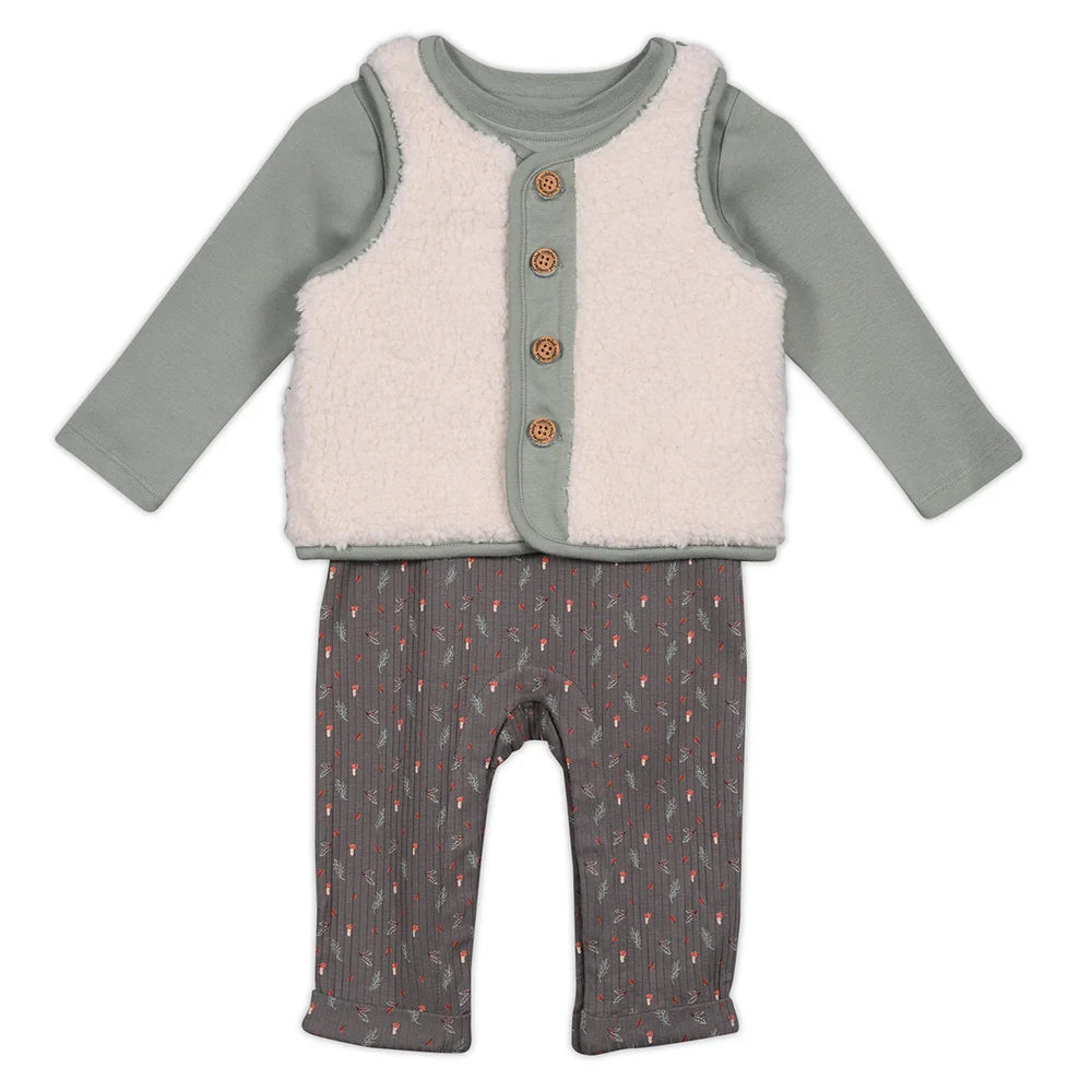 Minicuddles- Baby Unisex Sprig Printed Dungaree 3pc Set, Multicolour- baby at the bank
