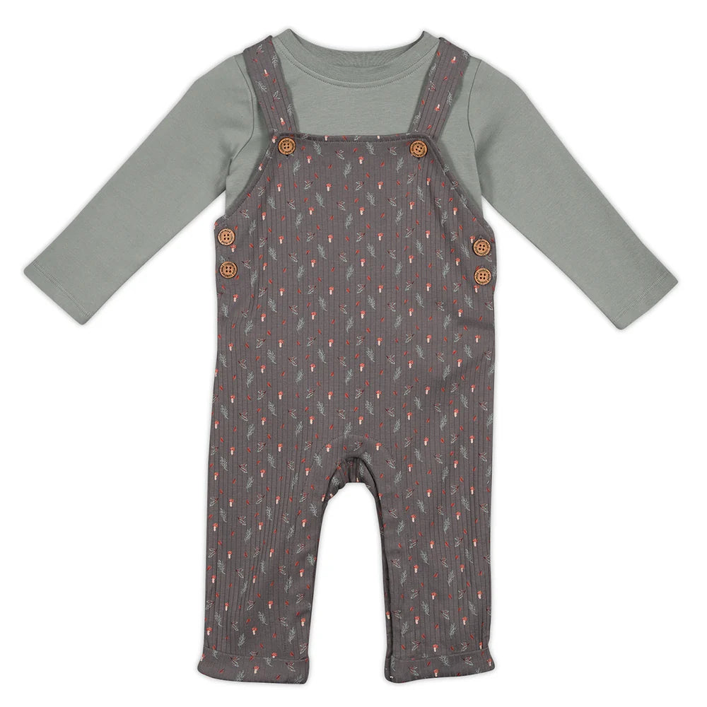 Minicuddles- Baby Unisex Sprig Printed Dungaree 3pc Set, Multicolour- baby at the bank