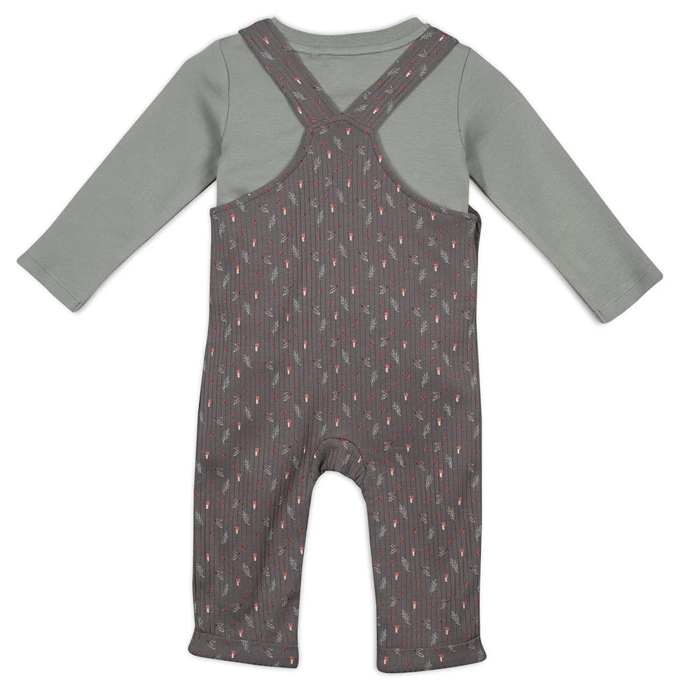 Minicuddles- Baby Unisex Sprig Printed Dungaree 3pc Set, Multicolour- baby at the bank