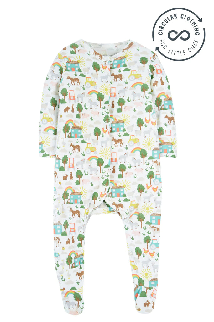 Frugi- Lovely babygrow Soft White Farm- Baby at the bank