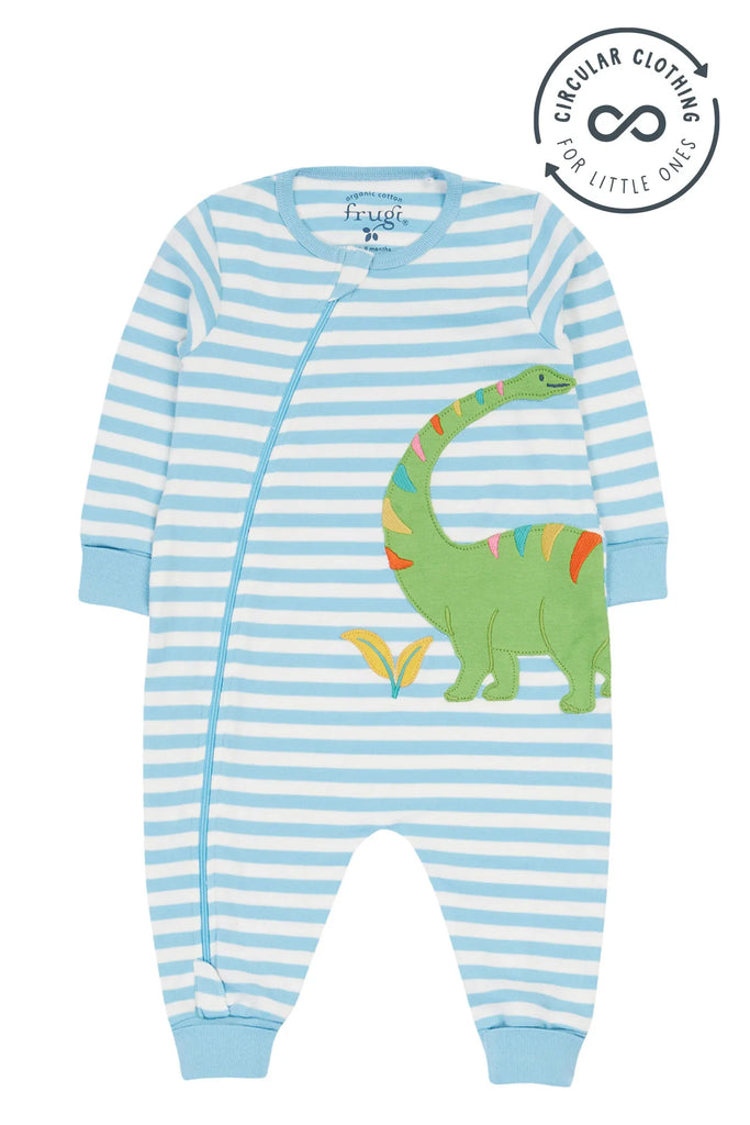 Frugi- Zelah Kimono Zip Romper Bluebird Stripe/Dinosaur- Baby at the bank