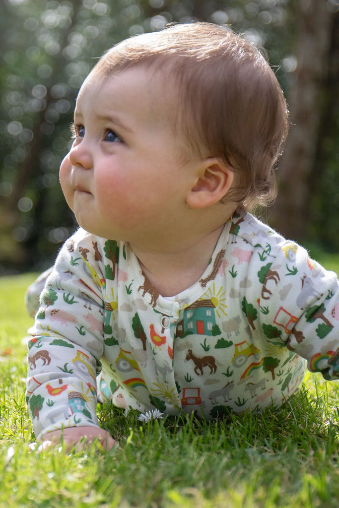 Frugi- Lovely babygrow Soft White Farm- Baby at the bank