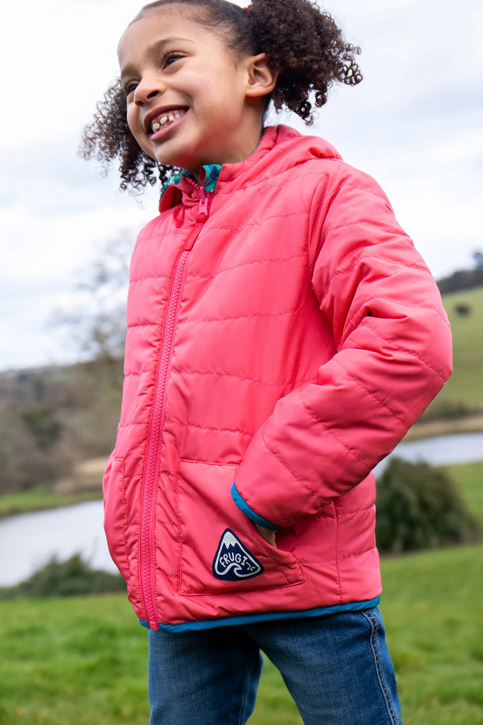 Frugi- Reversible Toasty Trail Jacket Wild Woods Tulip- Baby at the bank
