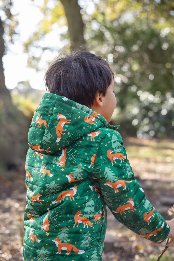 Frugi- Reversible Toasty Trail Jacket Woods Fox/Squirrel- Baby at the bank