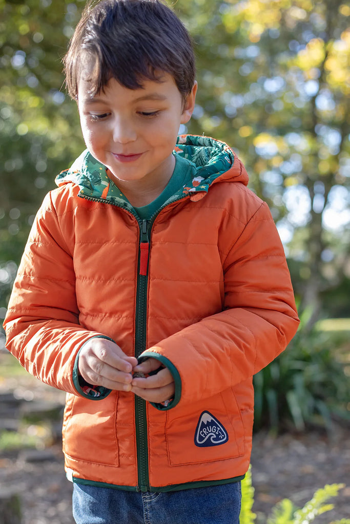 Frugi- Reversible Toasty Trail Jacket Woods Fox/Squirrel- Baby at the bank