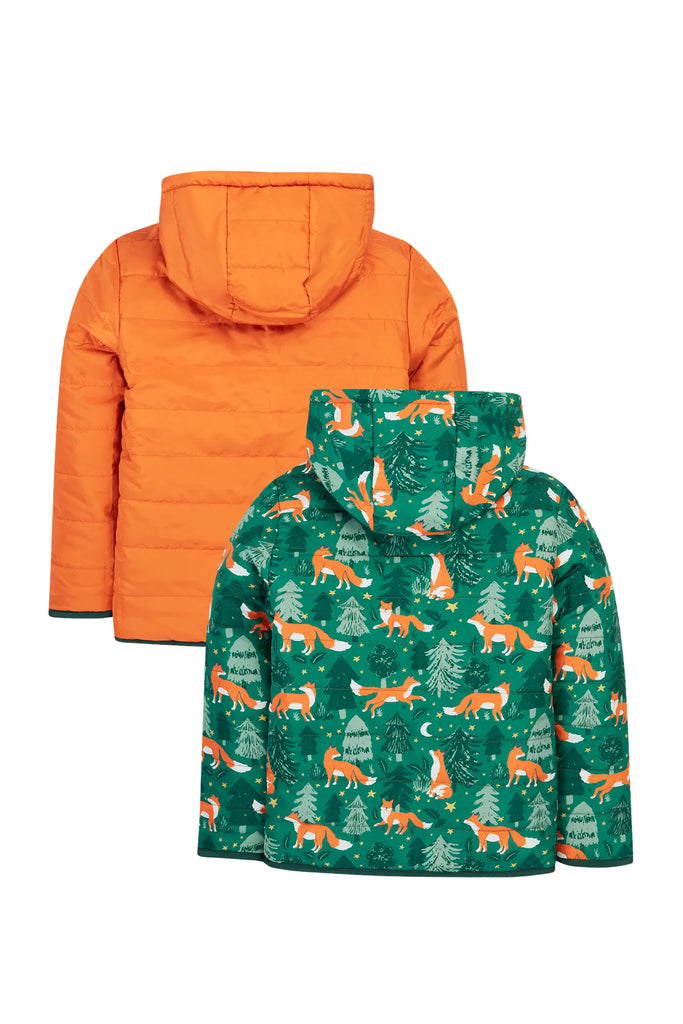 Frugi- Reversible Toasty Trail Jacket Woods Fox/Squirrel- Baby at the bank